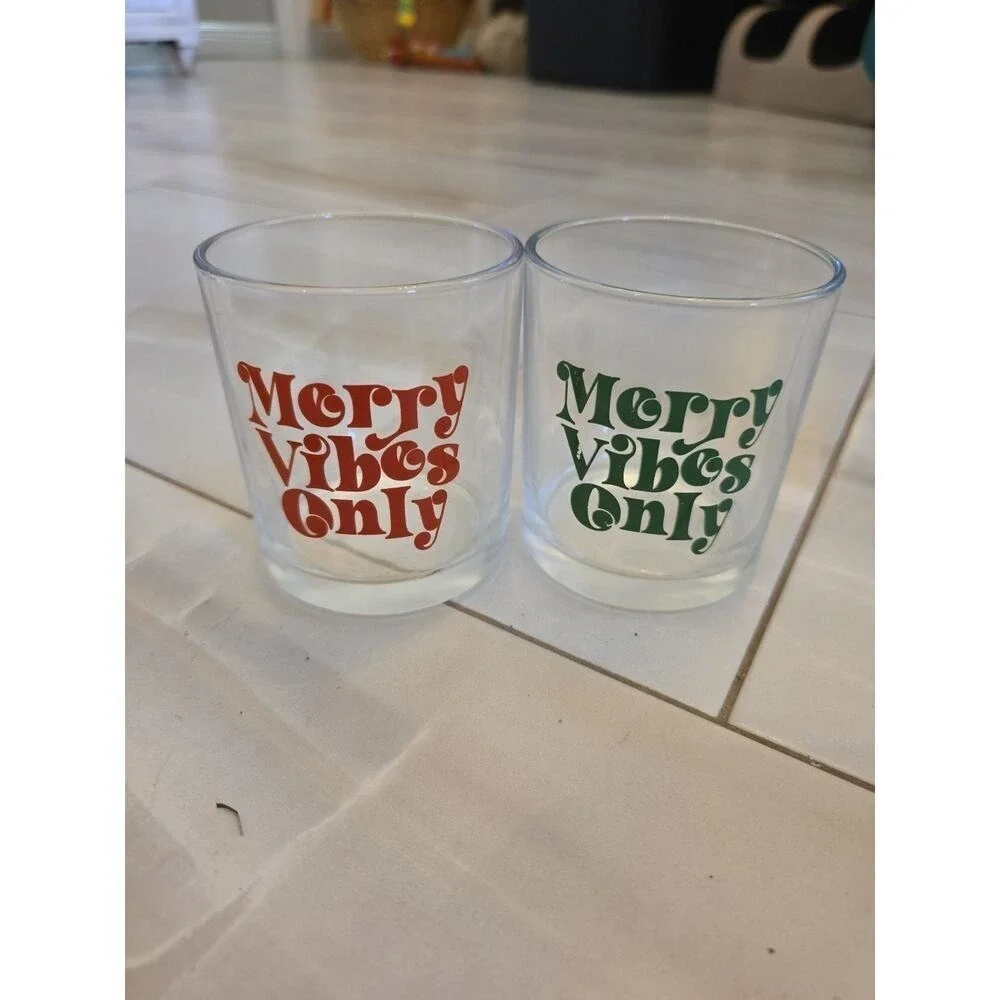 Set of 2 MERRY VIBES ONLY‎ Christmas Lowball Glass Tumblers 10.25 oz. Each